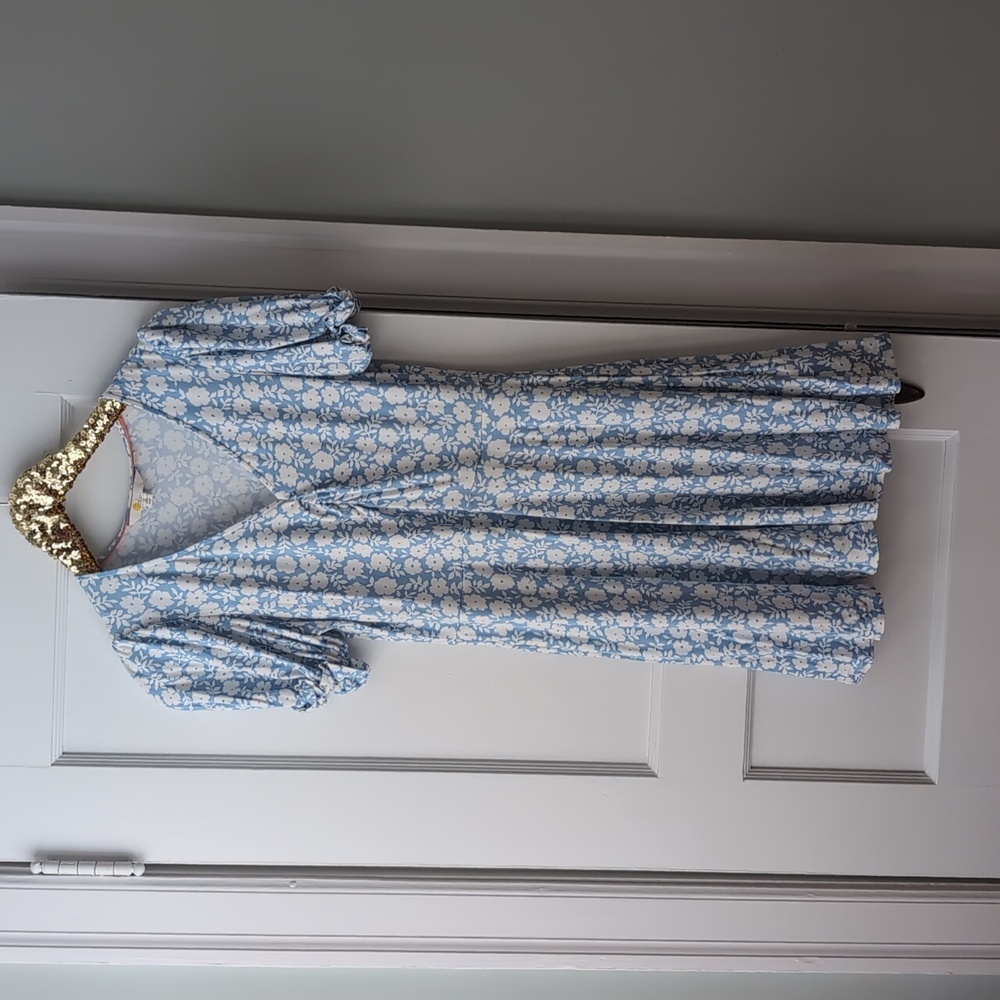 Boden V-neck Daisy floral soft stretchy jersey knit pastel blue dress